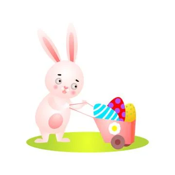 Cute easter rabbit on green grass full wheelbarrow Illustrazione stock