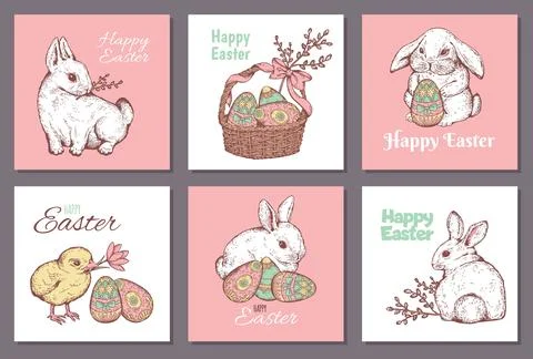 Cute Easter rabbit posters set, hand drawn sketch vector illustration. Illustrazione stock