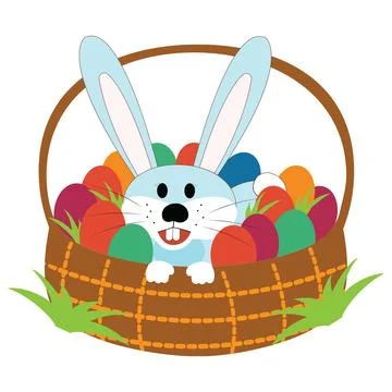 Cute Easter rabbit sitting in a basket full of colorful Easter eggs Stock Illustration