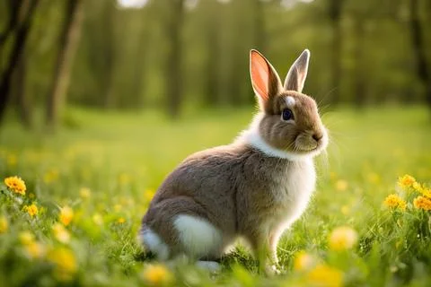 Cute Easter rabbit in spring forest Stock Photos