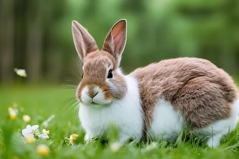 Cute Easter rabbit in spring forest 스톡 사진