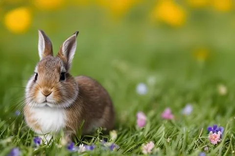 Cute Easter rabbit in spring forest 스톡 사진