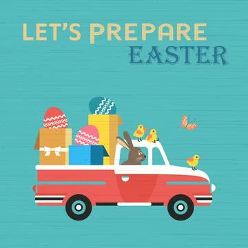 Cute Easter Rabbit in Truck with Easter Gifts Stock Illustration