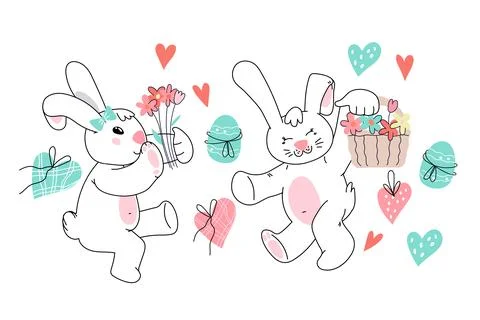 Cute Easter rabbits with eggs, doodle cartoon vector illustration isolated Stock Illustration