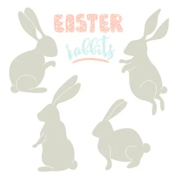 Cute Easter rabbits set. Clipart with rabbits silhouette isolated on white... Stock Illustration