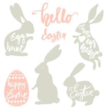 Cute Easter rabbits set with lettering inside shapes. Clipart with rabbits .. Stock Illustration