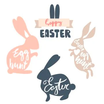 Cute Easter rabbits set with lettering inside shapes. Clipart with rabbits .. Stock Illustration