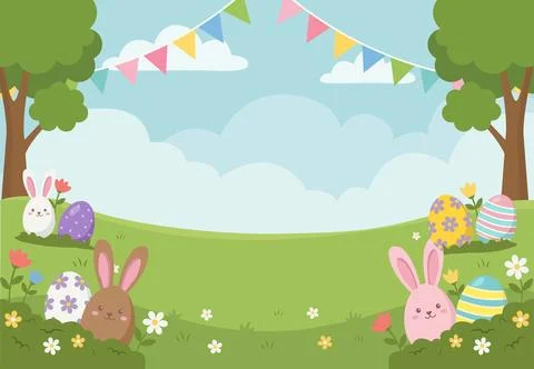 Cute Easter Scene with Playful Bunnies, Decorated Eggs, and Colorful Party .. Stock Illustration