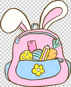 Cute Easter School Backpack Bunny Ears Cartoon Hand Drawn Stock Illustration