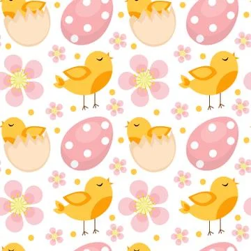 Cute Easter seamless pattern with birds and eggs. Endless Spring background.. Stock Illustration