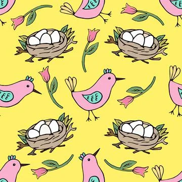Cute easter seamless pattern, birds and nest with eggs, tulips on yellow イラスト素材