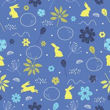 Cute Easter seamless pattern with bunnies, flowers, easter eggs. Colorful and Stock Illustration