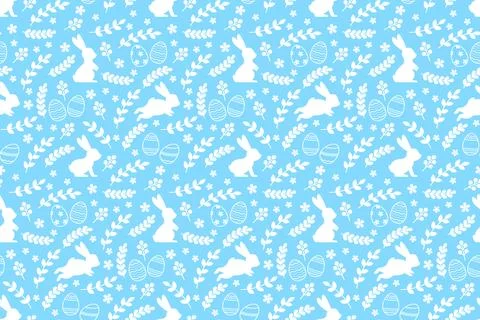 Cute Easter seamless pattern with bunnies, Easter eggs and flowers. Design .. Stock Illustration