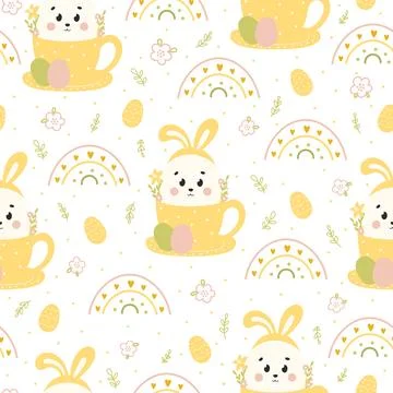 Cute Easter seamless pattern with bunny in cup with flowers, rainbows and e.. 스톡 일러스트