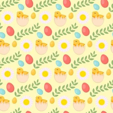 Cute Easter seamless pattern with chick, eggs and flowers, endless backdrop.. Illustrazione stock