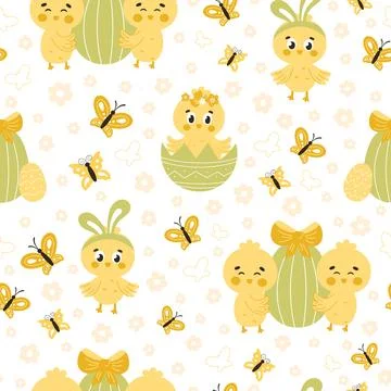 Cute Easter seamless pattern with chicks with eggs and butterflies on white.. Stock Illustration