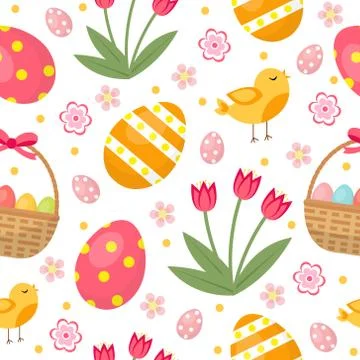 Cute Easter seamless pattern with eggs in basket, birds and flowers. Endles.. 스톡 일러스트