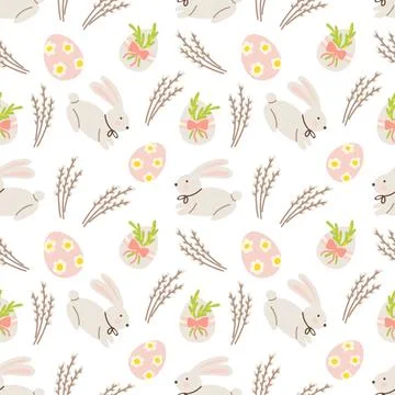 Cute Easter seamless pattern with eggs, bunny and flowers イラスト素材