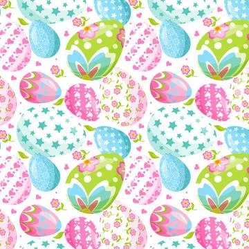 Cute Easter seamless pattern with flowers, Easter eggs, beautiful backgroun.. Stock Illustration