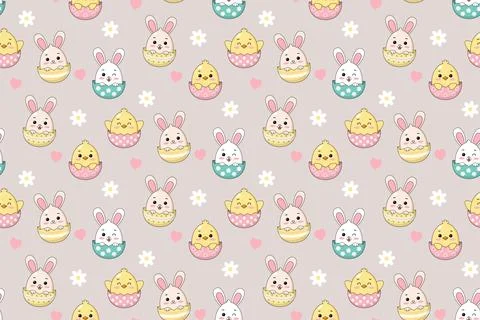Cute Easter Seamless Pattern with Kawaii Bunnies and Chicks and Pink Hearts.. Stock Illustration