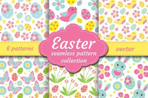 Cute easter seamless pattern set with nestling, rabbit, eggs, flowers. Spring Stock Illustration