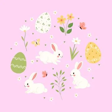 Cute easter set with bunnies, eggs, and flowers. Hand drawn vector illustration Stock Illustration