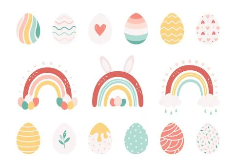 Cute Easter set with painted eggs and Easter rainbows. Happy Easter. 库存插图