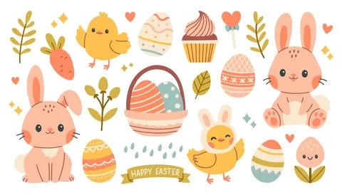 Cute Easter set. Spring collection of animals, flowers and decorations. For Stock Illustration