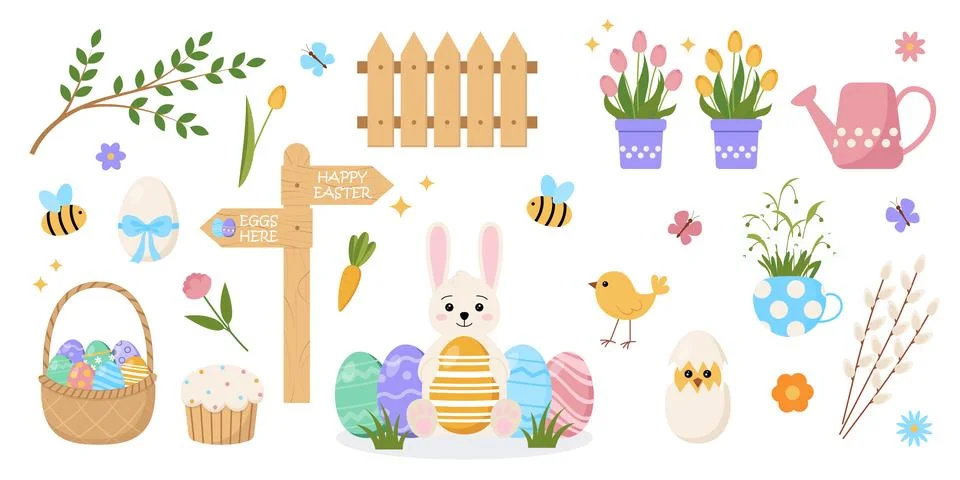 Cute Easter set. Spring collection of animals, flowers and decorations. Des.. Stock Illustration