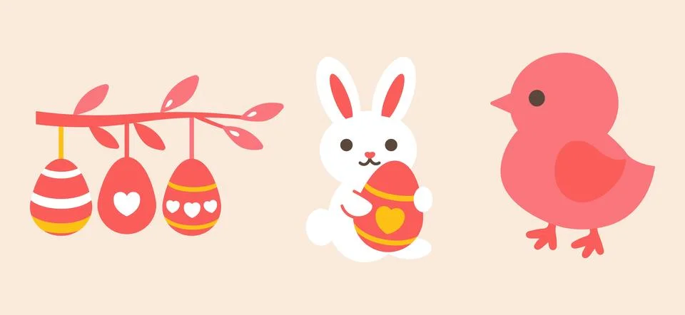 Cute Easter set. Spring collection Easter bunny, chick, egg, willow branch.  Illustrazione stock