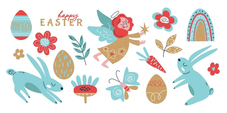 Cute Easter set. Spring collection of animals, angel, flowers and decoratio.. Stock Illustration