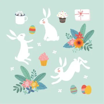 Cute Easter set of white rabbits, colorful Easter eggs, leaves and flowers Illustrazione stock