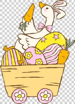 Cute Easter Silly Goose Bunny Enjoying Carrot in Easter Eggs Cart Cartoon H.. Stock Illustration