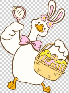 Cute Easter Silly Goose Bunny  Ears Hunting Easter Eggs with Basket Cartoon.. イラスト素材