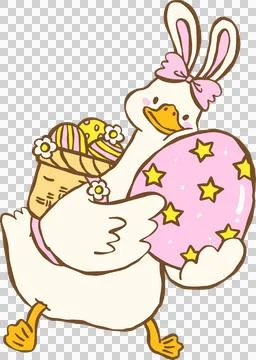 Cute Easter Silly Goose Hugging Easter Eggs Cartoon Hand Drawn Stock Illustration