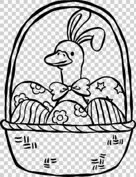 Cute Easter Silly Goose Outline Bunny Ears in Easter Egg Basket Cartoon Han.. Illustrazione stock