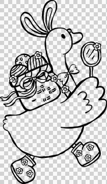 Cute Easter Silly Goose Outline Bunny Ears Hunting Easter Eggs Cartoon Hand.. Stock Illustration