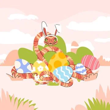 Cute Easter snake with eggs and spring flower on red background Stock Illustration