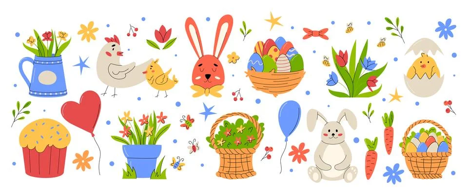 Cute Easter. Spring garden. Animal rabbit, colorful eggs, bird and butterfly, Stock Illustration