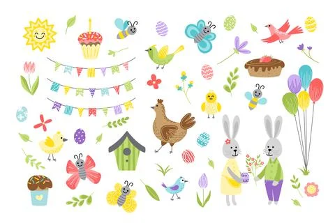 Cute easter spring set. Easter bunny, chick, butterfly, bird, cupcake, bee Stock Illustration
