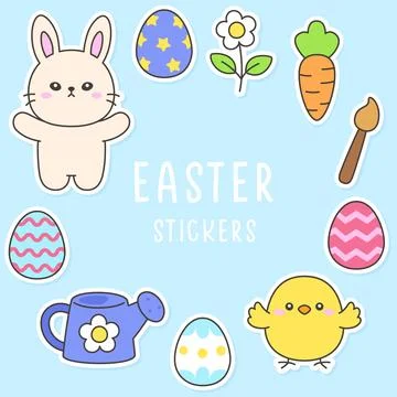 Cute Easter Sticker Set with Bunny, Chicks, Painted Eggs, and Spring Elements Stock Illustration
