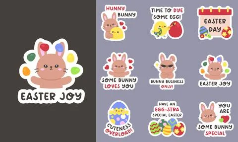 Cute Easter Sticker Set with Bunny Quotes and Adorable Characters in Flat C.. Illustrazione stock
