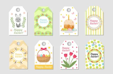 Cute Easter tags set. Labels collection with  rabbit, eggs and flowers. Spr.. Stock Illustration