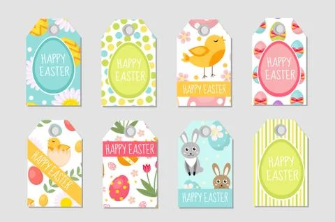 Cute Easter tags set. Labels collection with  rabbit, eggs and flowers. Spr.. Stock Illustration