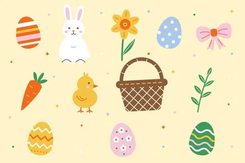 Cute Easter Themed Elements Collection On Yellow Background Иллюстрация