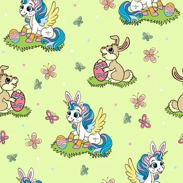 Cute easter unicorn and rabbit vector seamless pattern 스톡 일러스트
