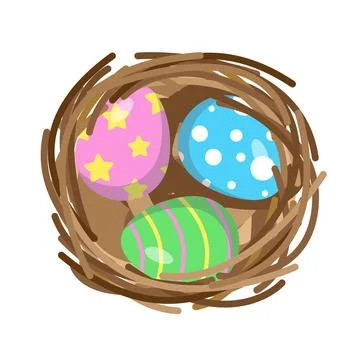 Cute Easter vector illustration. 3 colorful eggs in birds nest. Pink, blue and g Stock Illustration