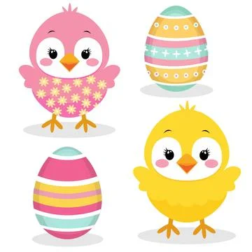 Cute Easter Vector Illustration with Adorable Chicks and Colorful Decorated.. Stock Illustration