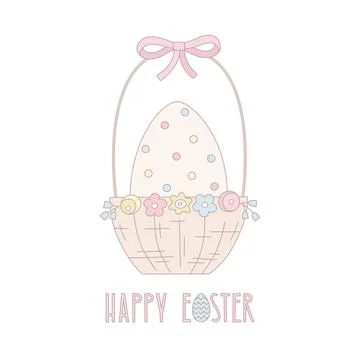 Cute easter vector illustration with egg, basket, bow, flowers for card, web Stock Illustration