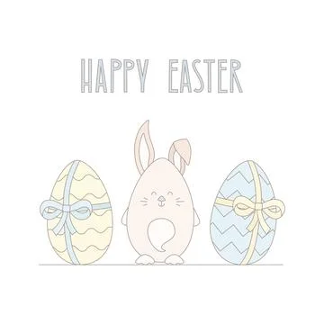 Cute easter vector illustration with rabbit, festive eggs, greeting for card Stockillustratie